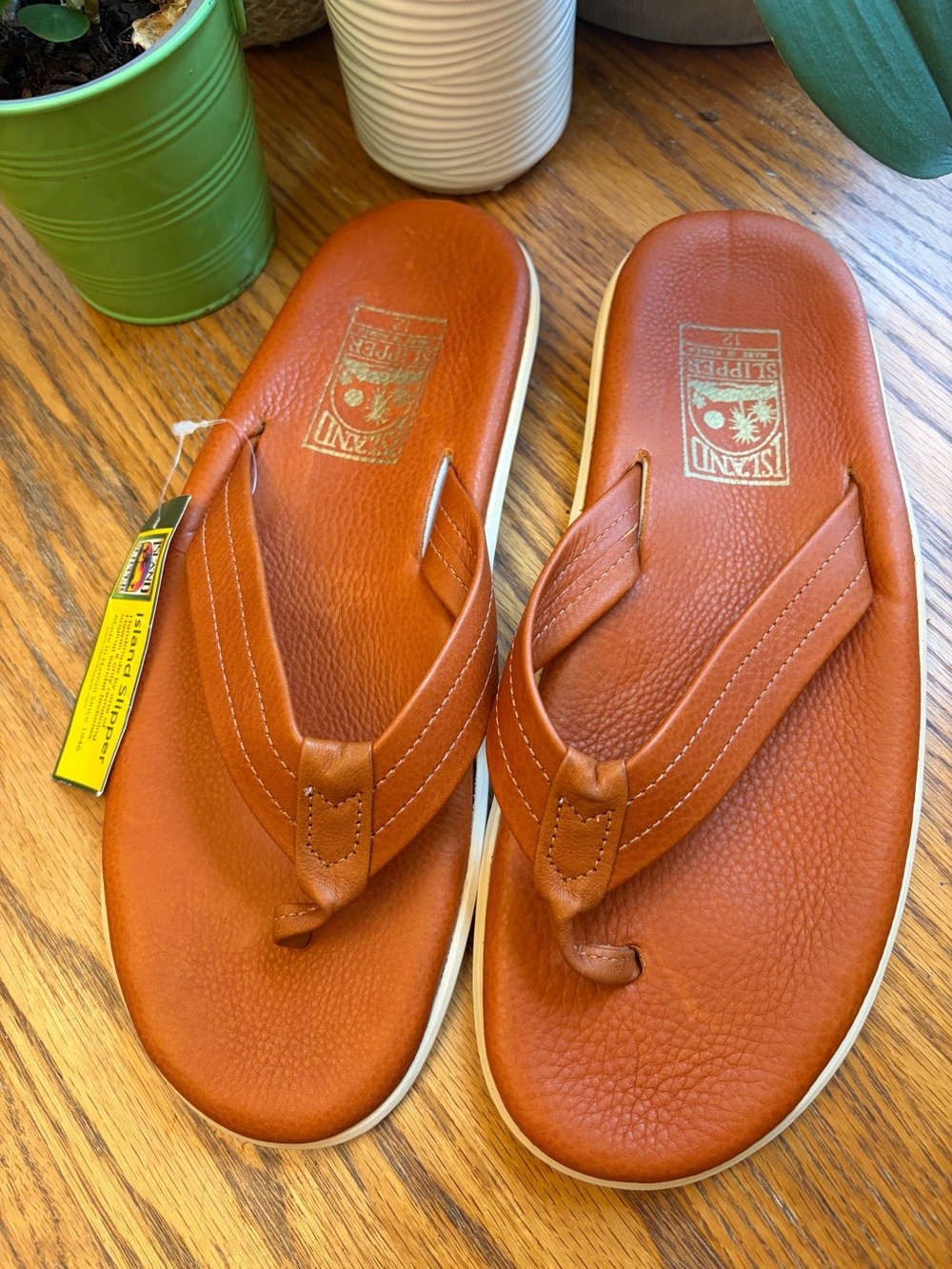 Island Pro Slippers Men's Brown Leather Thong Flip Flops Size 12 Made In Hawaii